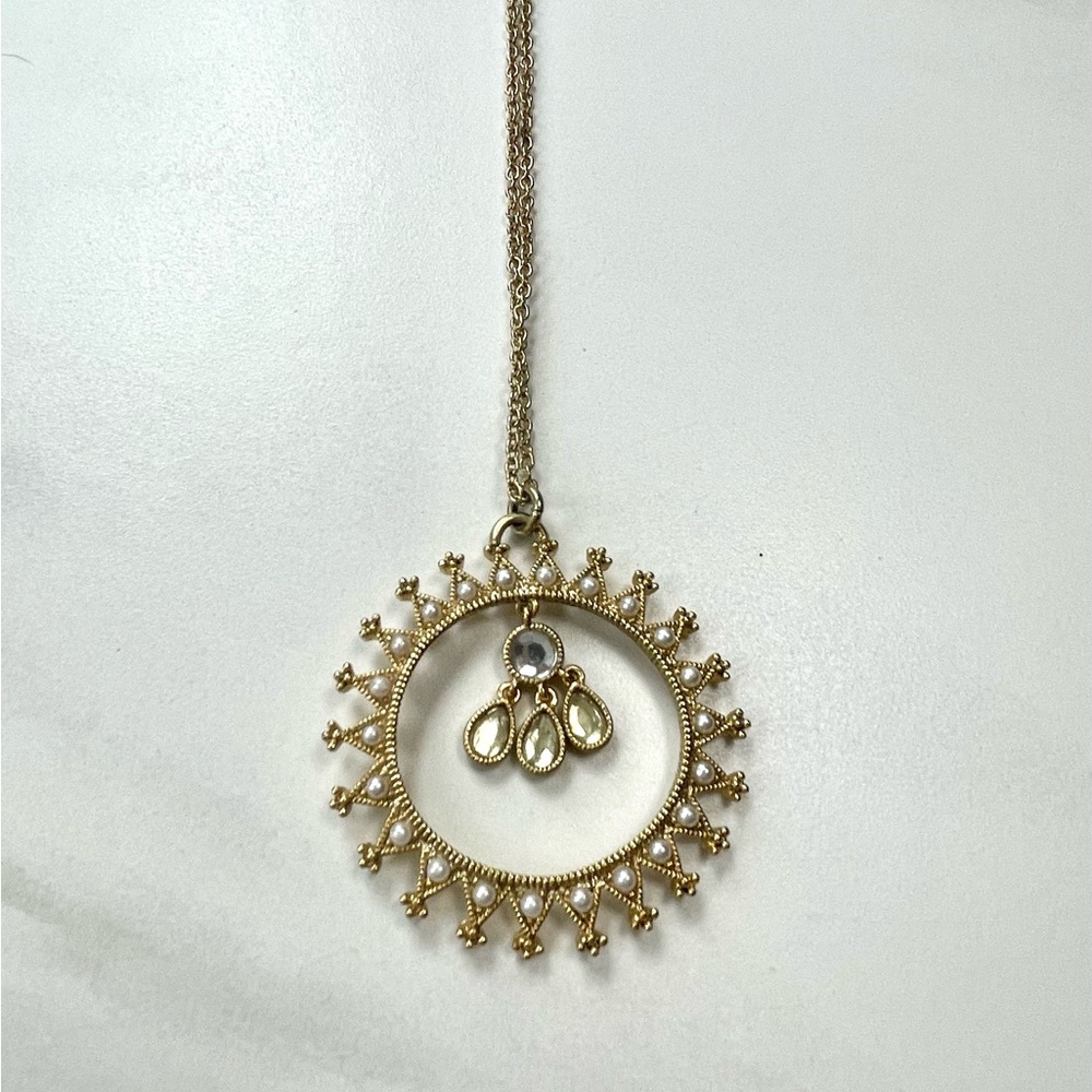 Free People (2003) BOHO Long Metal Faux Pearl Indian Style Necklace